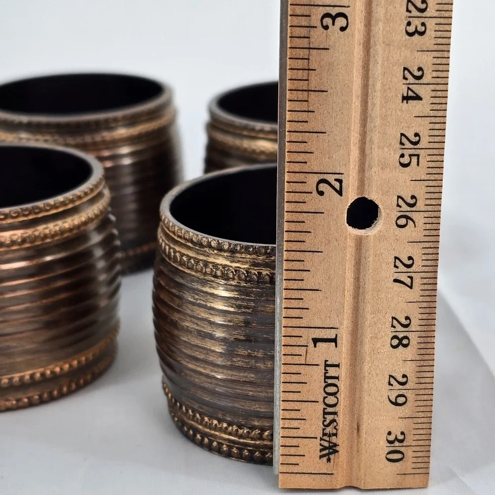 Set of 6 Bronze Tone Ribbed Napkin Rings Beaded Edge Industrial Farmhouse Style